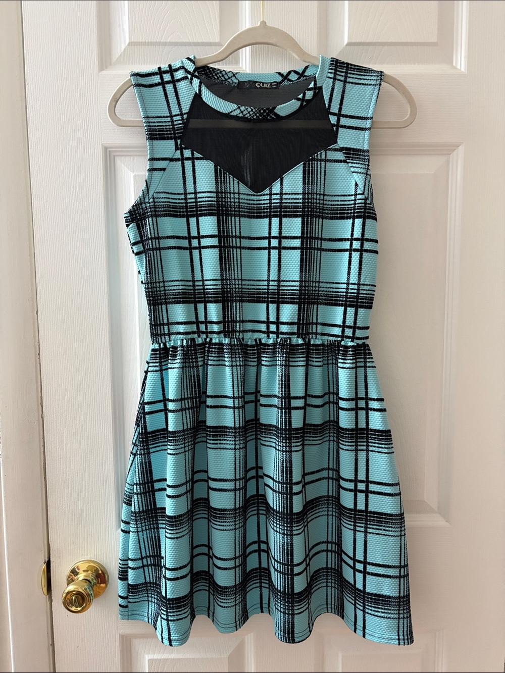 Girls' Aqua Plaid Sleeveless Dress with Mesh Detail